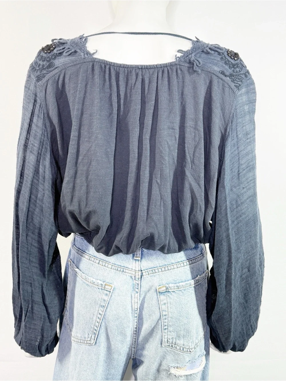 Free People Navy Blue Embroidered Fringe Blouse Boho Peasant Top Size XS V-Neck